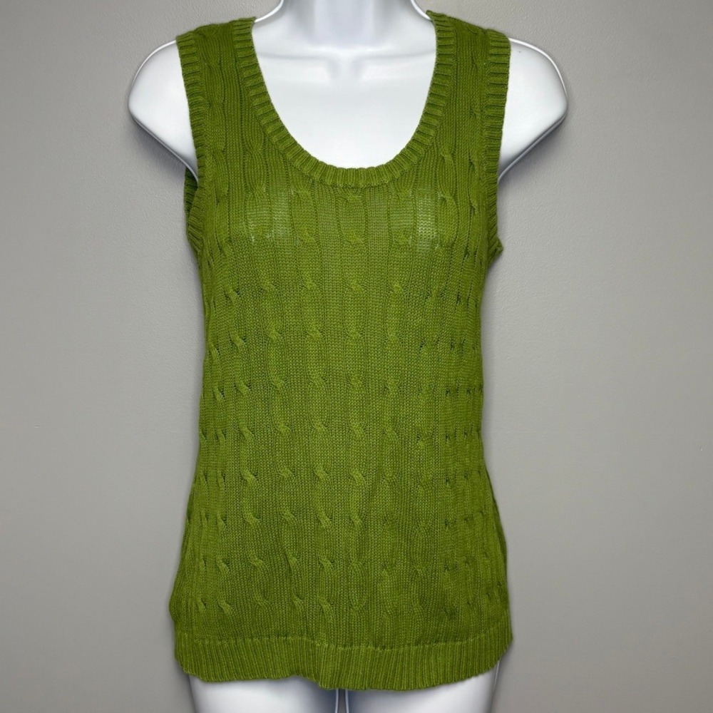 Chico's Linen Blend Tennis Preppy Cable Knit Green Sweater Vest Tank Sz 0 (S)